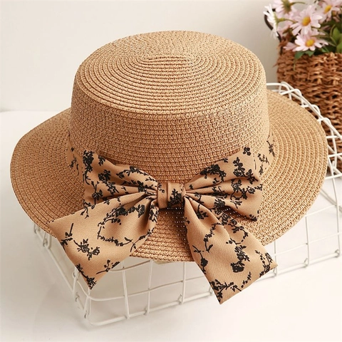 Boater Strohhut Damen Sommer Sonnenschutz Flache Krone Breite Krempe Florales Band Bogen Urlaub Strand