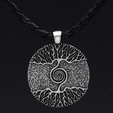 Collier Pendentif Alliage Arbre De Vie Motif Spirale Style Viking Mythologie Nordique Cordon En Cuir Chaîne Métallique Hommes Femmes