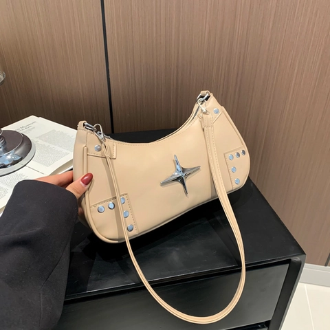 Sac À Bandoulière En Cuir PU Pour Femmes Avec Étoile En Métal Et Rivets Y2K Trendy Minimaliste Sac Baguette Polyvalent