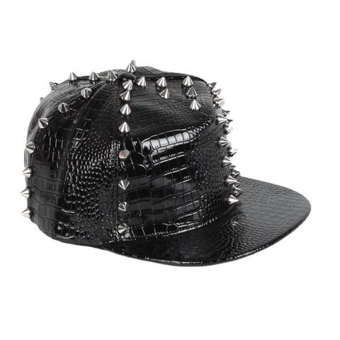 Punk Baseballkappe Krokodilmuster PU Leder Metallspitzen Snapback Flache Krempe Hip Hop Streetwear Unisex Verstellbar