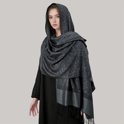Châle Femme Élégant à Motif Paisley Jacquard et Glands Doux Mélange de Coton Grande Écharpe Pashmina Réversible Toutes Saisons