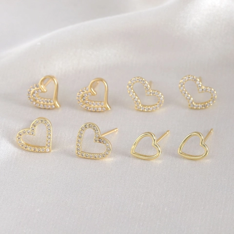 Heart Stud Earrings Gold Plated Copper Zircon Jewelry Women With 925 Sterling Silver Earring Post Elegant Minimalist