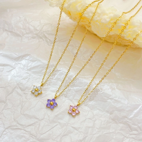 Collier Pendentif Fleur Acier Inoxydable Zircon Incrusté Bijoux Élégants Style Coréen Pour Femmes Chaîne Fine Plaquée Or