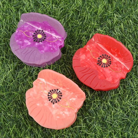 Pinza De Pelo Flor De Amapola Elegante Acetato Horquilla Floral Textura Mármol Hecha A Mano Para Mujeres