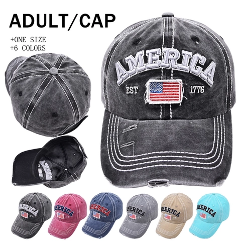Washed Cotton Baseball Cap Vintage Distressed Retro America Flag Embroidery Adjustable Streetwear Sun Protection Hat