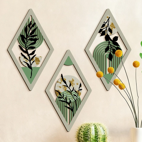 Bohemian Wood Wall Art Decor Rhombus Geometric Plant Leaf Prints Modern Minimalist Hanging For Living Room Bedroom Office