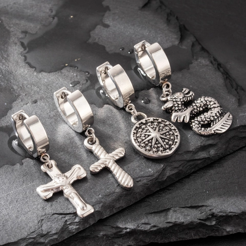 Stainless Steel Hoop Dangle Ohrringe Kreuz Drache Schlange Stern Anhänger Punk Hip Hop Vintage Schmuck Für Herren