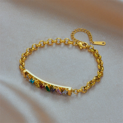 Pulsera Circonita Rectangular Arcoíris Acero Inoxidable Chapado En Oro Cadena Ajustable Joyería Vintage