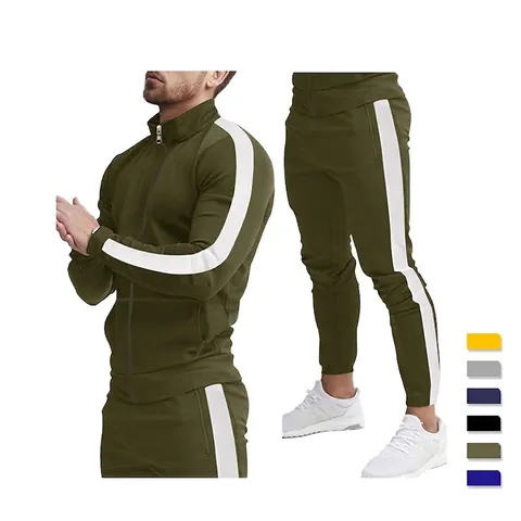 Men Sportswear Tracksuit Polyester Spandex Stand Collar Zipper Jacket And Cuffed Long Pants Slim Casual Athletic Outfit