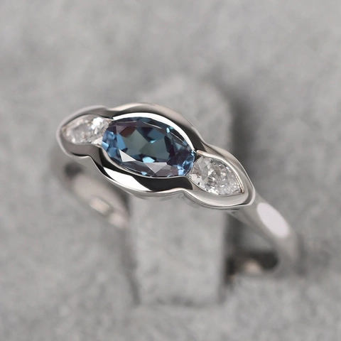 Marquise Blue Zircon Ring Geometric Copper Silver Plated Three Stone Bezel Setting Vintage Style For Women