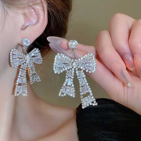 Bowknot Zircon Jewelry Rhinestone Necklace And Earrings With 925 Sterling Silver Earring Post Elegant Women Accessory