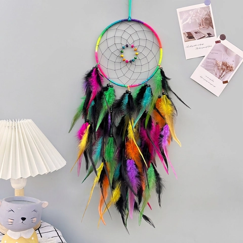 Handmade Colorful Dream Catcher Rainbow Feather Bead Bohemian Style Wall Hanging Home Decor Bedroom Nursery Ornament