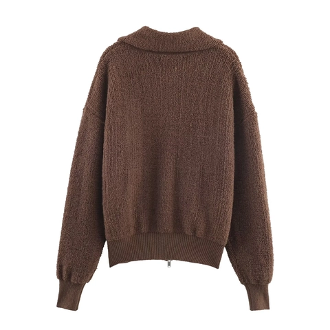 Dames Boucle Fleece Bomberjack Met Opstaande Kraag En Ritssluiting Loszittende Winterjas Effen Koffiekleur