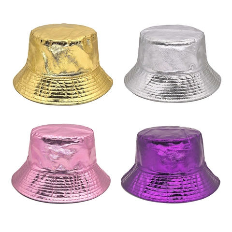 Bucket Hat Shiny Metallic Coated Reversible Polyester Reflective Sun Protection Outdoor Streetwear Disco Retro Style For Women