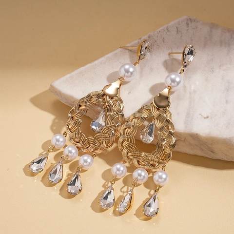 Pendientes Largos Colgantes Vintage Con Poste De Plata Cobre Perla Artificial De Imitación Diamante De Imitación Estilo Corte Para Mujeres