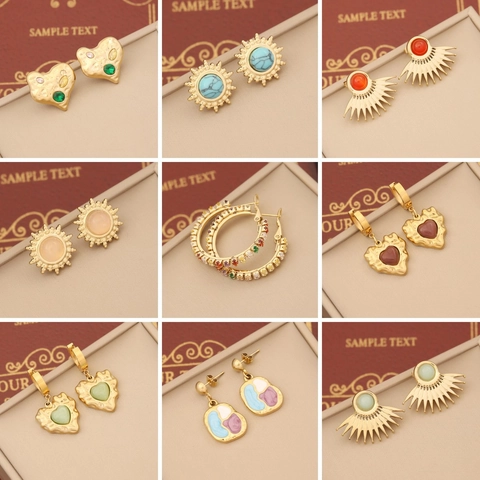 Französische Retro Edelstahl Ohrringe Naturstein Herz Sonnenblume Stern Gold Plated Geometrischer Schmuck Für Damen