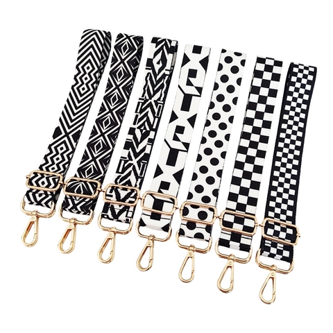 Wide Shoulder Strap For Bag Adjustable Replaceable Polyester Geometric Pattern Black And White Ethnic Style With Metal Hooks