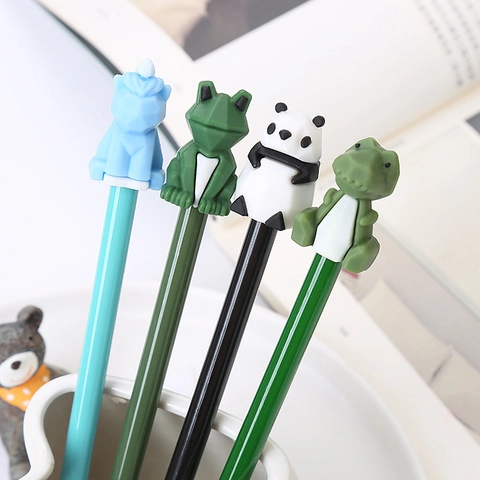 Cute 3D Animal Gel Pens Silicone Character Head Plastic Black Ink Smooth Writing Office School Stationery Novelty