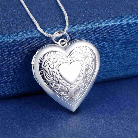 Collier Médaillon Cœur Vintage Cuivre Plaqué Argent 925 Gravé Fleurs Porte-Photo Chaîne Serpent Bijoux Femmes