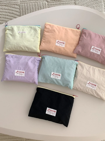 Neceser De Maquillaje Color Macaron Poliéster Textura Arrugada Pequeña Bolsa De Almacenamiento Portátil Cremallera Para Mujer Diario