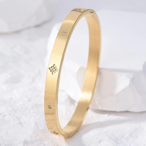 North Star Bangle And Ring Jewelry Gold Plated Stainless Steel With Cubic Zirconia Starry Fashion For Women