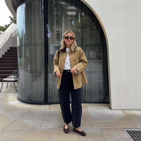 Giacca Da Lavoro Vintage Da Donna Colletto In Velluto A Coste Tela Fibbie In Metallo Tasche Multiple Senape