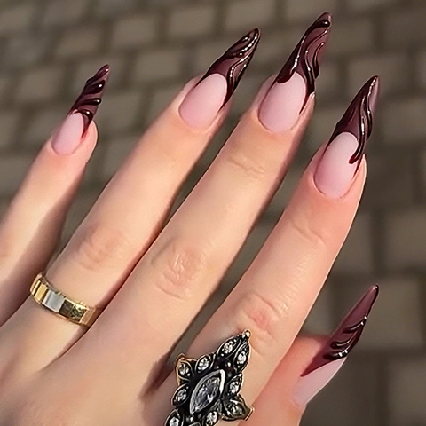 Unghie Finte Press On Stiletto Lunghe 3D Rilievo French Tip Rosa Nude Rosso Scuro Design Fluido Manicure DIY Donna
