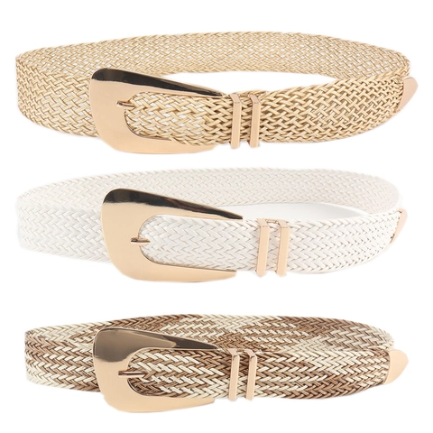 Damen Geflochtener Stroh Und PU Leder Taillengürtel Mit Unregelmäßiger Goldener Legierungsschnalle Vintage Kleid Accessoire