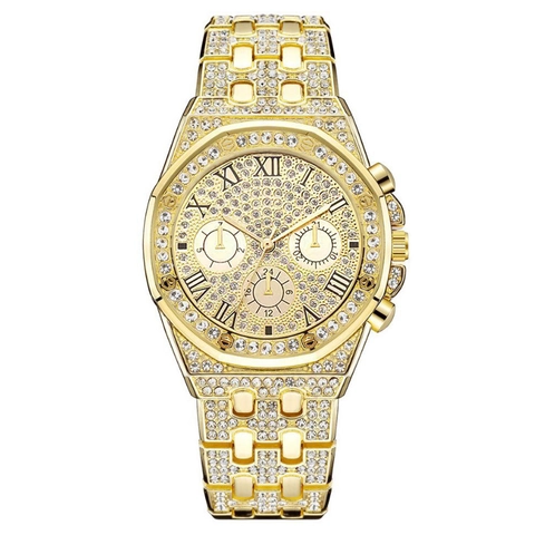 Orologio Al Quarzo Da Uomo Di Lusso Iced Out Con Strass Cinturino In Metallo Numeri Romani Moda Tendenza