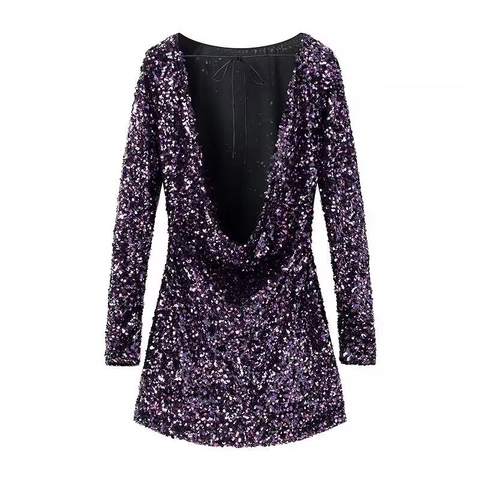 Damen Pailletten Minikleid Langarm Rückenfrei Rundhals Sexy Party Abend Clubwear Dunkelviolett