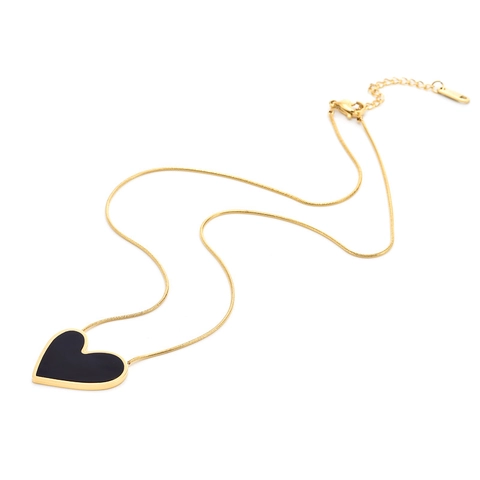 Lussuosa Collana Con Ciondolo a Cuore Asimmetrico Nero in Acciaio al Titanio Placcato Oro 18K Stile Dark Minimalista Donna