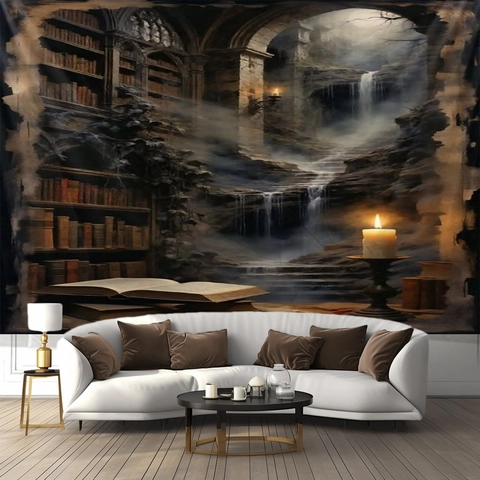 Fantasy Library Mystery Black Cat Polyester Tapestry Wall Hanging Gothic Mystic Bohemian Home Decor