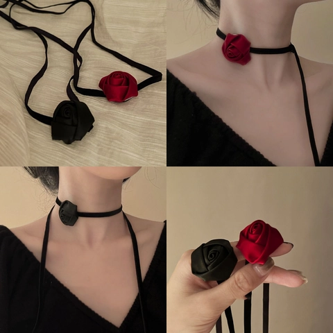 Collar De Flor De Rosa De Tela Choker De Cinta Lazo Largo Ajustable Retro Francés Gótico Elegante Joyería Para Mujer