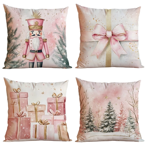 Weihnachts Kissenbezüge Dekorative Kissenhüllen Rosa Gold Aquarell Nussknacker Schneeszene Für Sofa Zuhause