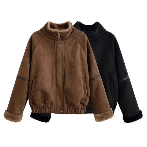 Damen Jacke Aus Wildlederimitat Mit Pelzfutter Verdickter Warmer Mantel Stehkragen Lässige Mode Oberbekleidung Retro