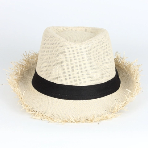 Stroh Fedora Hut Gefranster Rand Gewebter Sommer Sonnenschutz Strand Jazz Kappe Mit Schwarzem Band