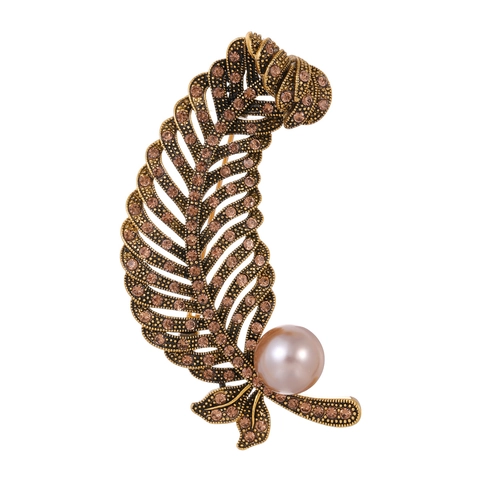 Spilla a Forma di Foglia di Piuma in Lega di Zinco Vintage per Donna Con Pavè di Strass e Perla Artificiale Oro Argento Antico Spilla Retro