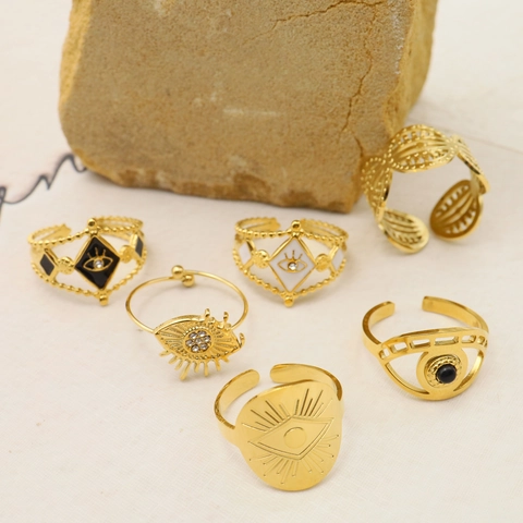 Anello Aperto in Acciaio Inossidabile Malocchio per Donna Vintage Placcato Oro Smalto Strass Regolabile Gioielli di Moda Anello