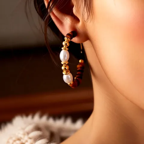 Vintage C Shaped Hoop Earrings With Tiger Eye Faux Artificial Pearl Brass And Silver Earring Post Retro Geometric For Women