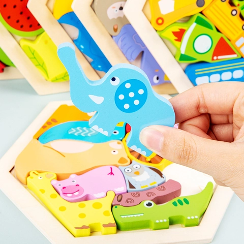 Wooden Hexagonal Puzzle Matching Board Montessori Educational Toys Cognitive Enlightenment Animals Transportation Fruit For Kids