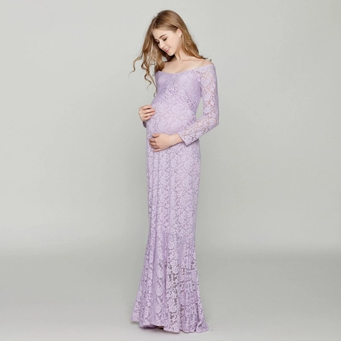Positiejurk Kant Fotografie Off Shoulder Lange Mouwen Zeemeermin Fishtail Jurk Voor Fotoshoot Baby Shower Vrouwen Elegantie