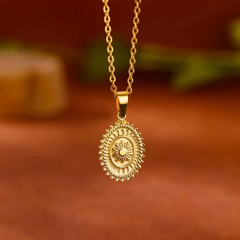 Sun Embossed Oval Medallion Pendant Necklace Stainless Steel Retro Bohemian Style Dainty Jewelry For Women
