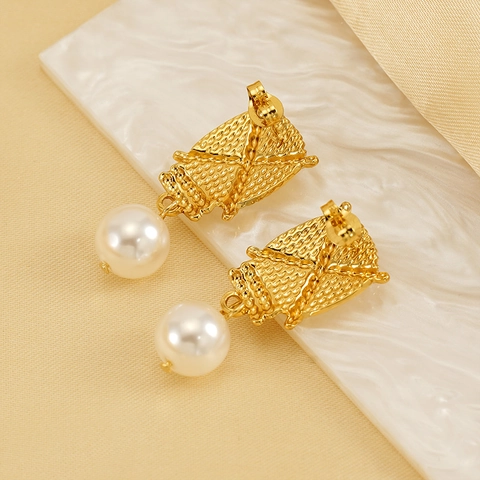 Pendientes Colgantes Acero Inoxidable Chapado Oro 18K Textura Tejida Geométrica Perla Artificial Redonda Estilo Vintage Francés Mujeres