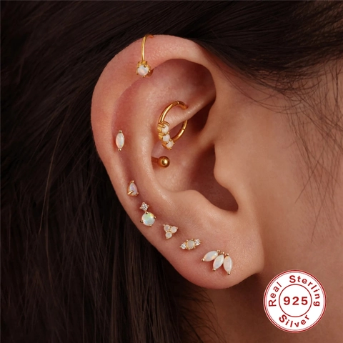 925 Sterling Silver Artificial Opal Cartilage Stud Earrings Minimalist Zirconia Flat Back Threaded Ear Piercing Jewelry For Women