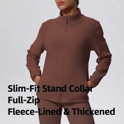 Women's Fleece Lined Sports Jacket Stand Collar Full Zip Activewear Running Fitness Yoga Top Solid Color
