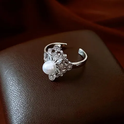 Anello Con Perla Artificial E Fiore Vintage Francese Con Zircone Design Aperto Regolabile Rame Placcato Argento Gioielli Per Donna Elegante
