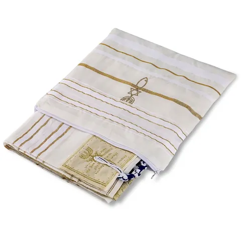 Tallit Châle De Prière Messianique Juif Écharpe Polyester Brodé Franges Inscriptions Hébraïques Menorah Religieux