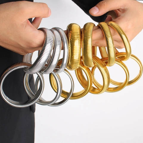 Tubogas Spiral Elastic Stainless Steel Bracelet Double Ring Stackable Bangle 18K Gold Plated Minimalist Industrial Style Jewelry For Women