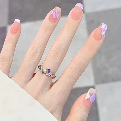 Press On Nails Long Coffin Light Purple Plaid French Tip Silver Glitter Lines Glossy Manicure For Women