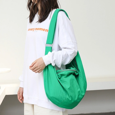 Large Hobo Bag For Women Nylon Crescent Dumpling Crossbody Bag Minimalist Japanese Style Adjustable Wide Strap Solid Color